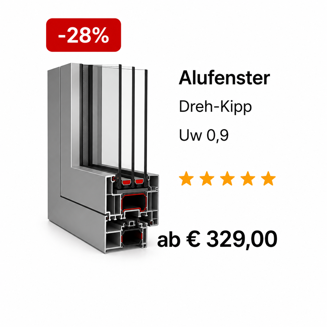 Alufenster Dreh-Kipp, Uw 0,9, ab 329 Euro