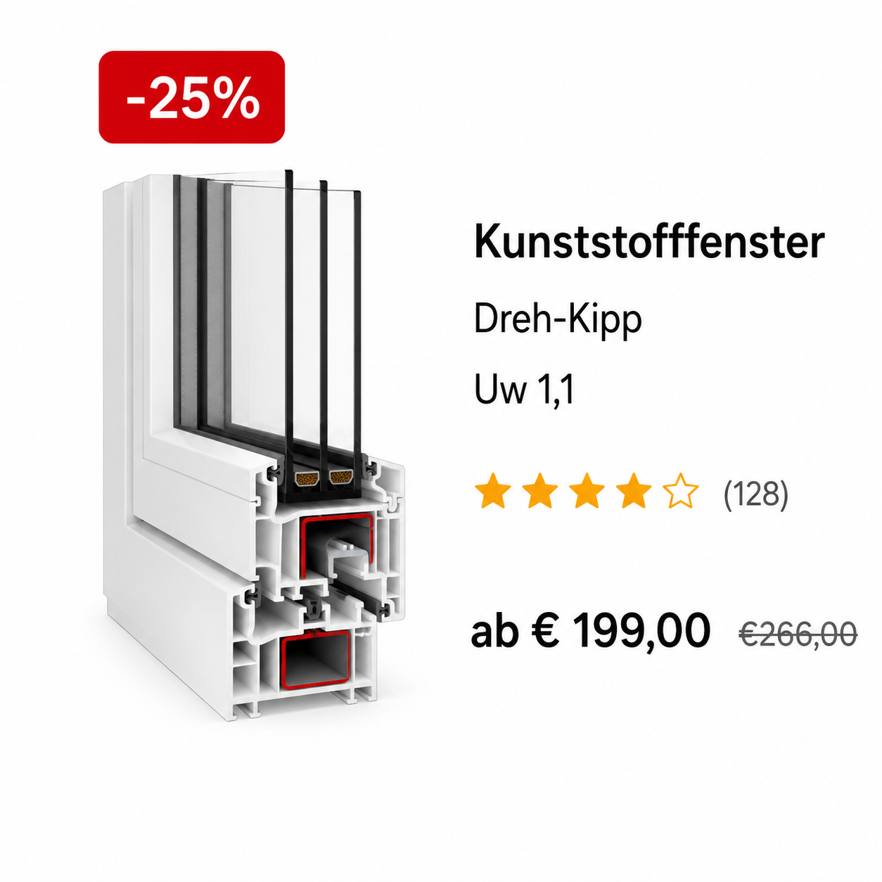 Kunststofffenster Dreh-Kipp, Uw 1,1, ab 199 Euro