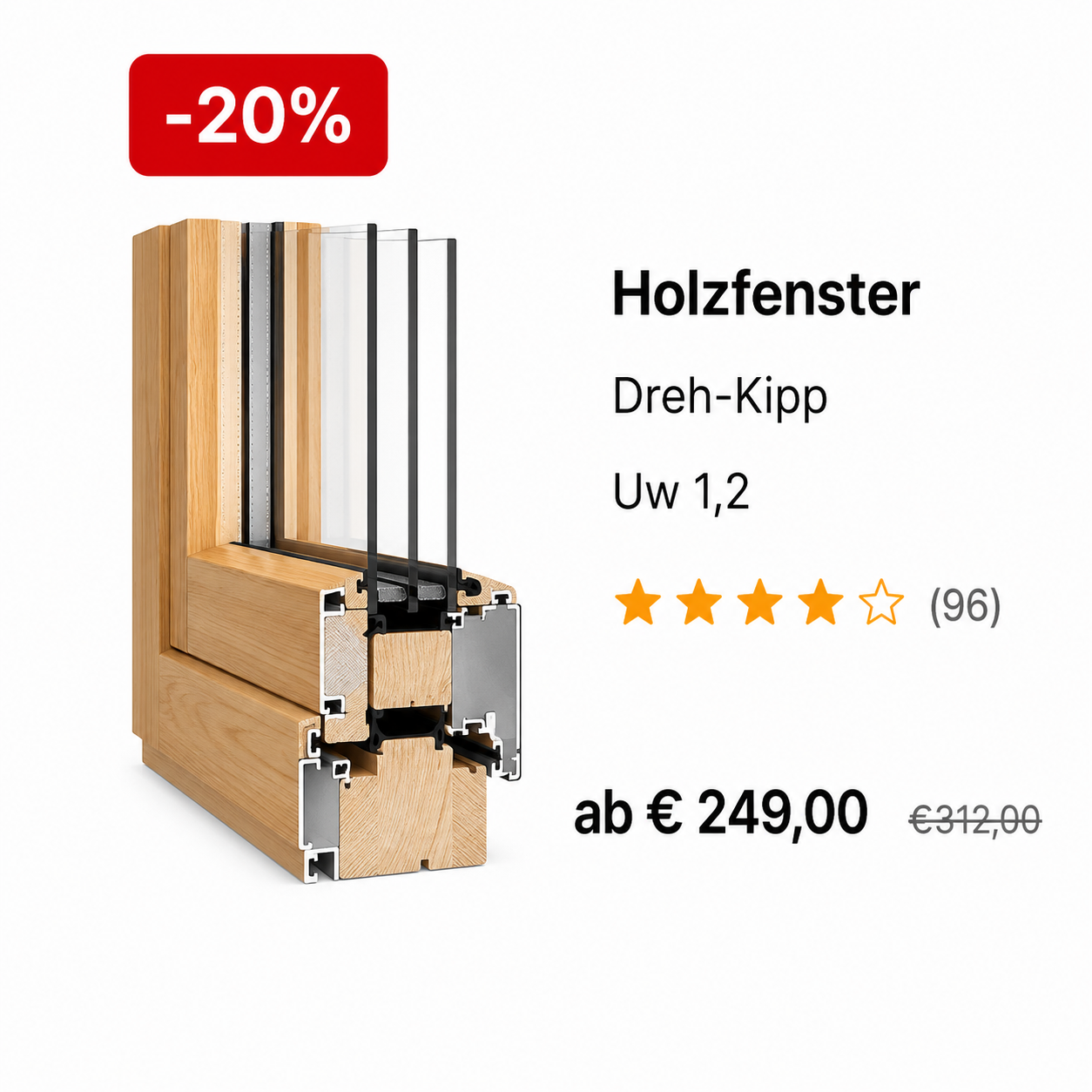 Holzfenster Dreh-Kipp, Uw 1,2, ab 249 Euro